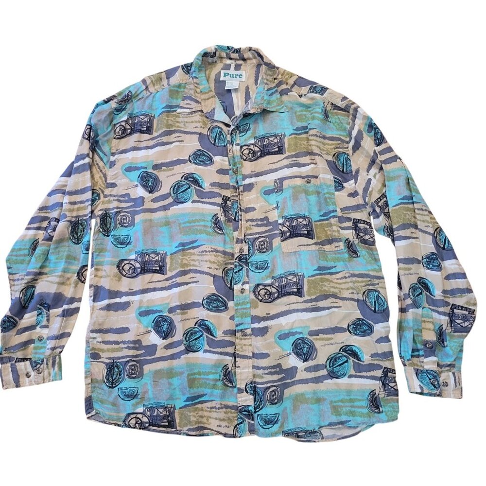 Pure Silk XL Button Up Shirt Abstract‎ Blue Beige Retro Vintage